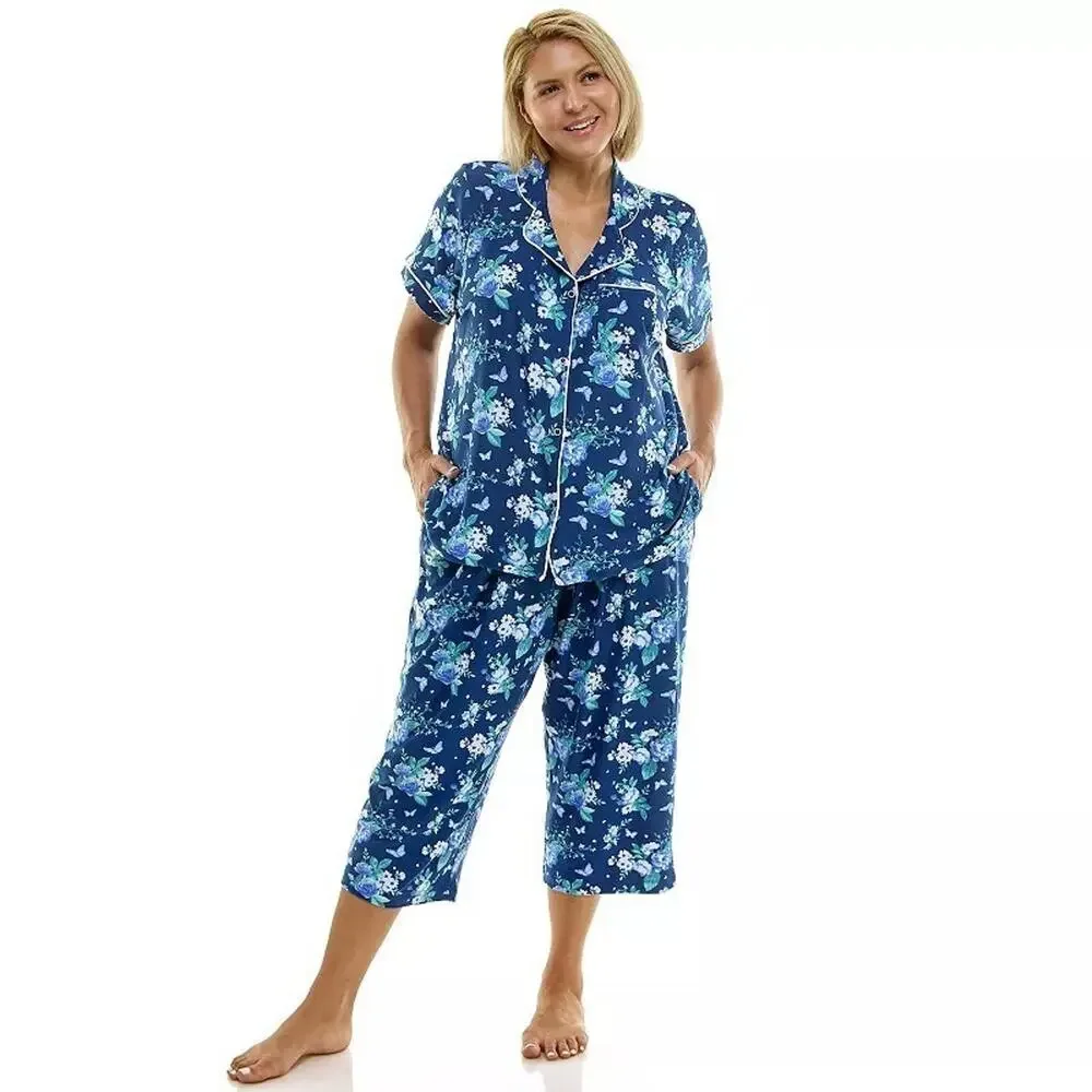 Croft Barrow 4X Pajamas Navy Blue Floral Crop Capri Pant Collar Button-Up Pocket